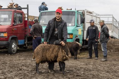 Karakol, Kırgızistan, 13 Ağustos 2018: Haftalık Pazar hayvan pazarı Karakol City Gölü Issyk-Kul Kırgızistan'daki doğu ucuna yakın. Orta Asya'daki en büyük hayvan pazarlarından biri.