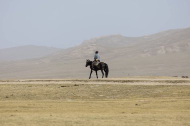 Şarkı Kul, Kırgızistan, 8 Ağustos 2018: Adam Kırgızistan'şarkı Kul gölde atlı yavaş sürmek