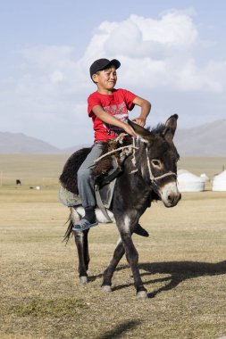 Şarkı Kul, Kırgızistan, 8 Ağustos 2018: Kırmızı bir tişört bir çocuk şarkı Kul Gölü Kırgızistan'daki bozkır aracılığıyla bir eşek rides