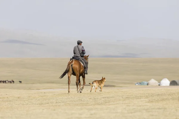 Song Kul Kyrgyzstán Srpen 2018 Kyrgyzština Jezdí Jeho Koni Jurty — Stock fotografie