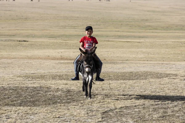 Şarkı Kul, Kırgızistan, 8 Ağustos 2018: Kırmızı bir tişört bir çocuk şarkı Kul Gölü Kırgızistan'daki bozkır aracılığıyla bir eşek rides