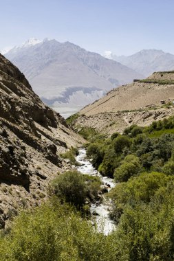 Yan Vadisi creek Vrang Pamir Dağları Tacikistan ile yakın ile. Arka plan dağlarda Hindikuş Afganistan'daki vardır