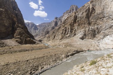 Border river Panj River in Wakhan valley with Tajikistan right and Afghanistan left clipart