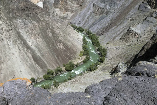 Der Charyn River fließt durch den Charyn Canyon und liefert mit seinem Wasser ein fruchtbares Ufer. Die Schlucht wird auch Tal der Burgen genannt und liegt östlich von Almaty in Kasachstan. — Stockfoto