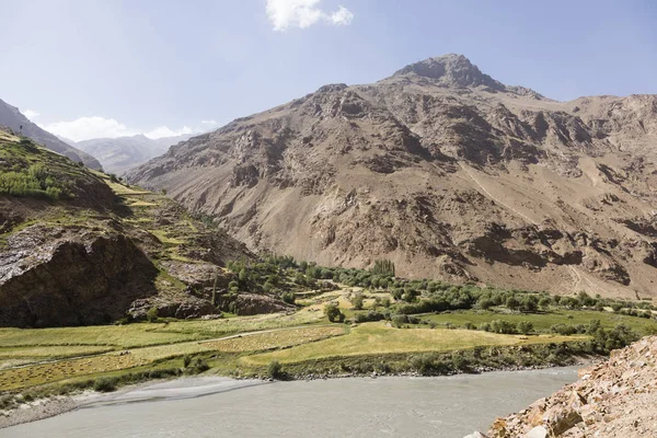 瓦汗山谷的边境河潘杰河, 塔吉克斯坦右, 阿富汗左 — 图库照片