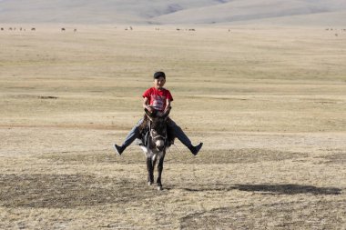 Şarkı Kul, Kırgızistan, 8 Ağustos 2018: Kırmızı bir tişört bir çocuk şarkı Kul Gölü Kırgızistan'daki bozkır aracılığıyla bir eşek rides