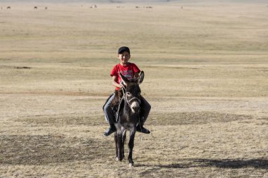 Şarkı Kul, Kırgızistan, 8 Ağustos 2018: Kırmızı bir tişört bir çocuk şarkı Kul Gölü Kırgızistan'daki bozkır aracılığıyla bir eşek rides