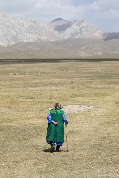 Song Kul, Kyrgyzstán, 8 srpen 2018: Stařeně Kyrgyzská neuspěchaný procházky v stepi u jezera Song Kul v Kyrgyzstánu — Stock fotografie