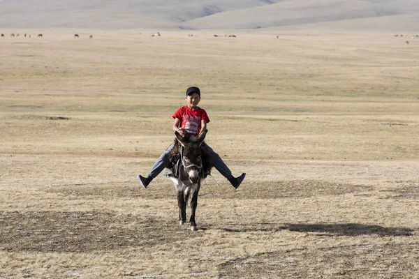 Song Kul, Kyrgyzstán, 8 srpen 2018: Chlapec v červené tričko jezdí osel prostřednictvím stepi u jezera Song Kul v Kyrgyzstánu — Stock fotografie