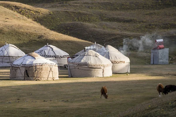 Tulpar, Kirghizistan 21 août 2018 : Camp de base de yourtes au lac Tulpar au pied du pic Lénine au Kirghizistan — Photo