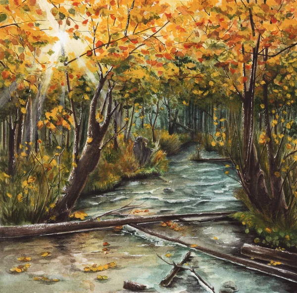 Watercolor drawing autumn forest illustration