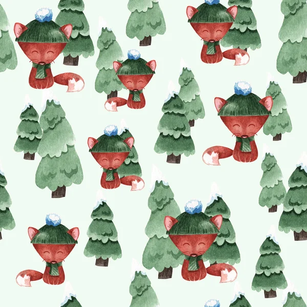 Tilkiler ve Noel ağaçlarıyla kusursuz suluboya arkaplan. — Stok fotoğraf