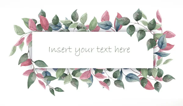 Το γραφικό πλαίσιο από πράσινα, ροζ, μπλε φύλλα και κλαδιά. — Φωτογραφία Αρχείου