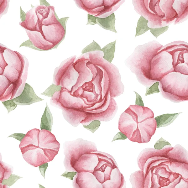 Floral seamless pattern with delicate pink flowers and leaves, hand-drawn watercolor background. — Stock Photo, Image