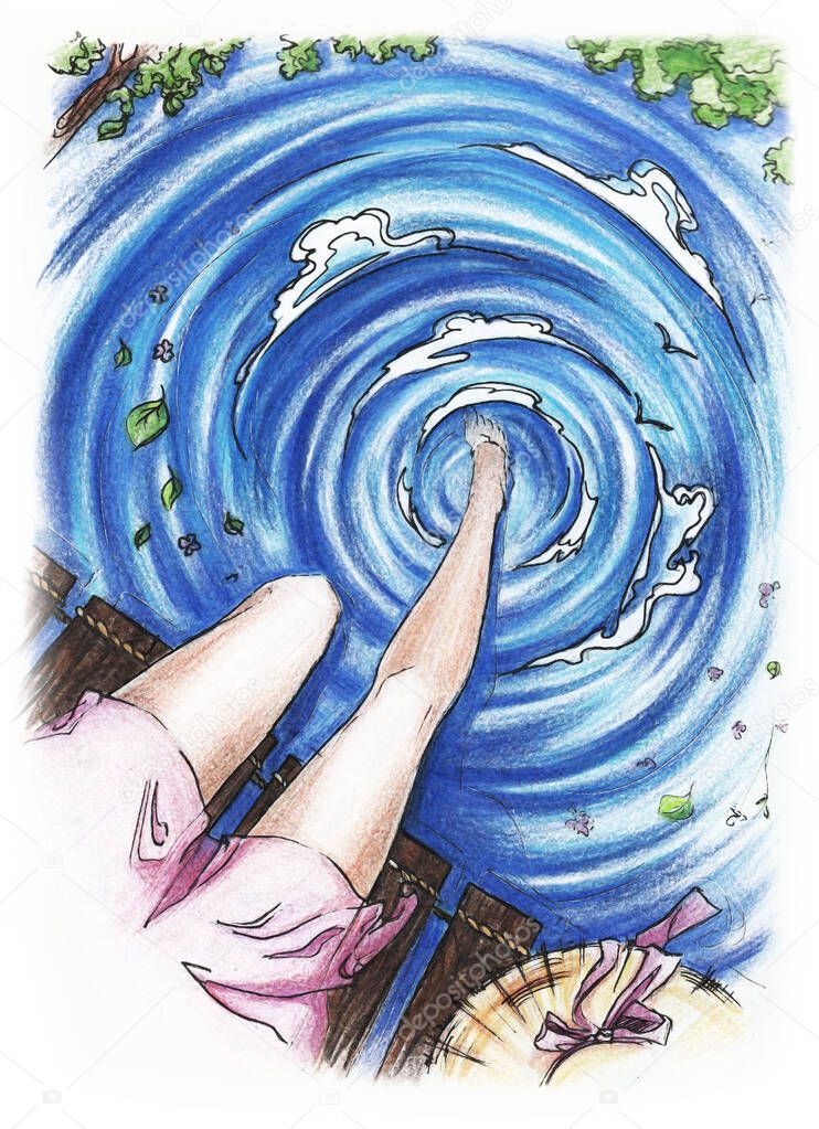 Watercolor sketch girl near the water illustration