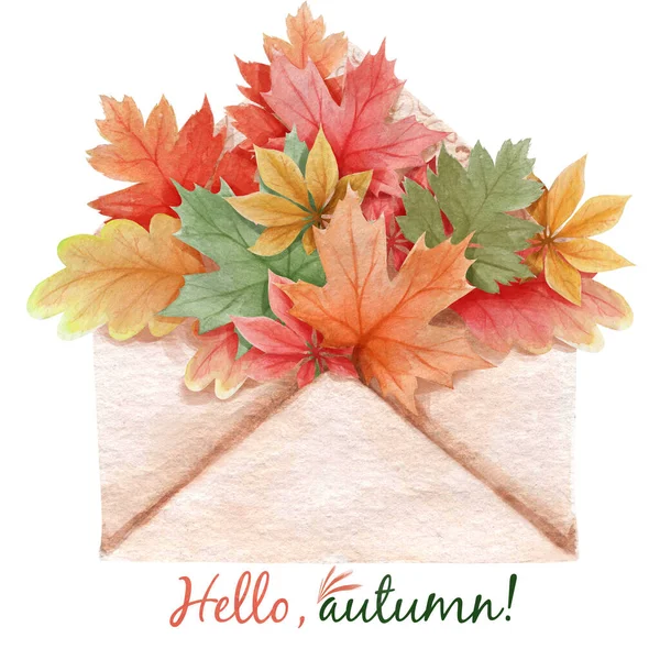 Ilustração aquarela de outono folhas coloridas em um envelope de papel . — Fotografia de Stock