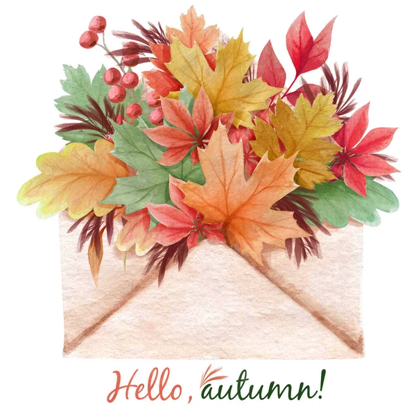 Akvarel ilustrace podzimních barevných listů v papírové obálce. — Stock fotografie