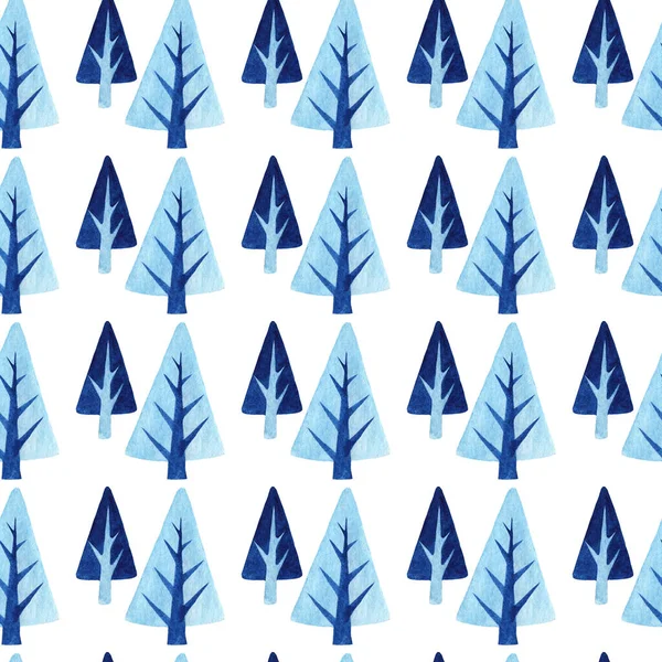 겨울 나무와 바다가 없는 패턴이죠. 푸른 크리스마스 트리가 밝은 배경에 있는 물색 배경. 새해 카드 디자인의 질감, 옷감, 종이 — 스톡 사진