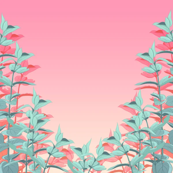 Fundo ou quadro com folhas verdes em um gradiente rosa. Fundo para design e decoração. Um ramo de folhas macias . — Fotografia de Stock