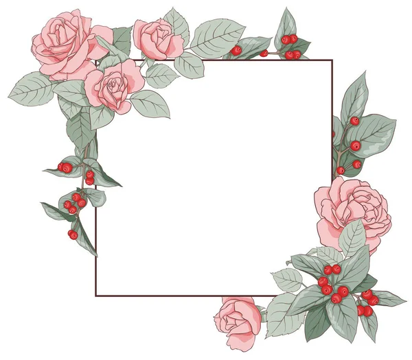 Floral frame on an isolated background. A square frame of roses and leaves for the design of invitations, cards, paper, books, websites, decor, design, etc.
