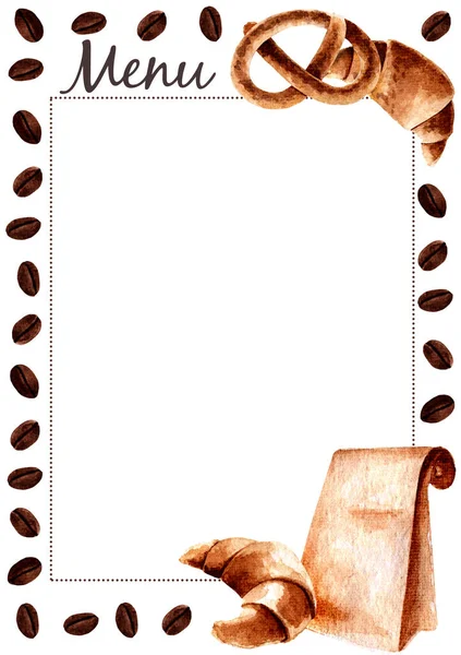 Шаблон Меню Кофейни Акварельными Иллюстрациями Прямоугольная Рамка Рисунками Круассан Крендель — стоковое фото