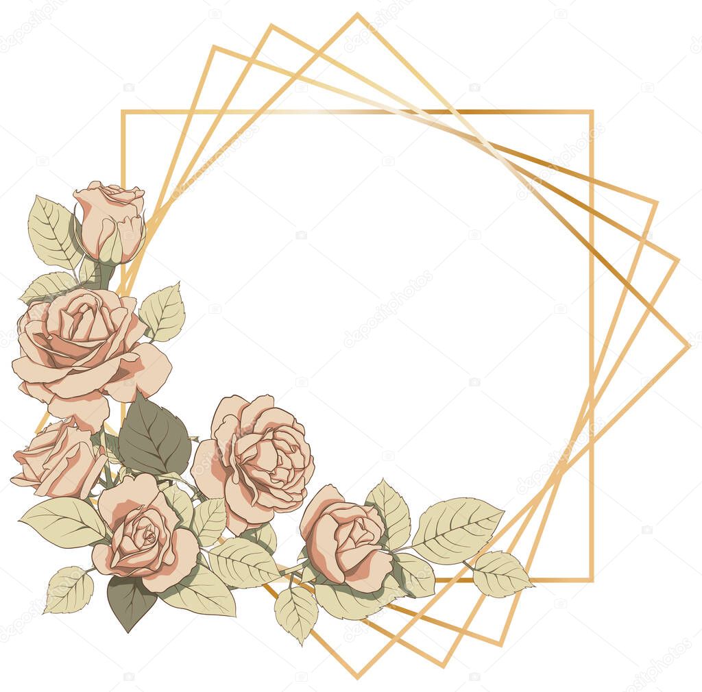 Floral decoration with golden frame. Frame of roses and leaves for the design of invitations, cards, paper, books, websites, decor, design, etc.