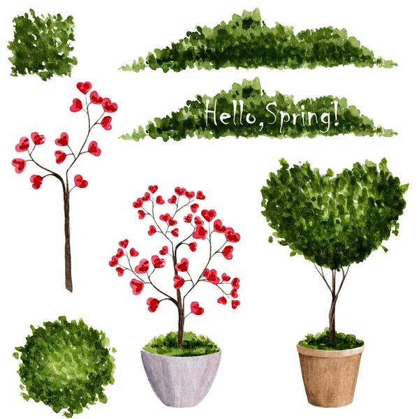 Spring set of plants in a pot in the form of hearts. Watercolor green bushes for decoration. — Stock Photo, Image