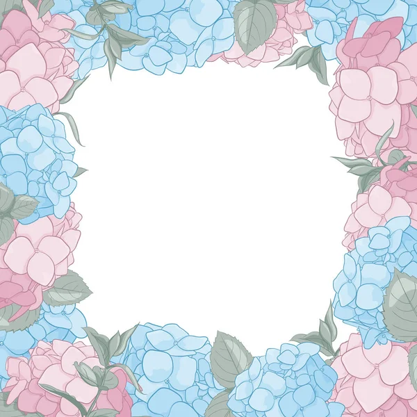 A square frame of blue and pink hartensia bushes. Pastel decoration with flowers, leaves for photos, awesome and decor — Stock Photo, Image