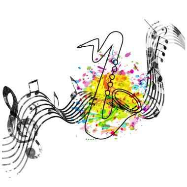 Müzik renkli arka plan müzik notlar ve saksafon vektör çizim tasarım. Müzik Festivali Afiş, yaratıcı sax tasarım müzik personel ile
