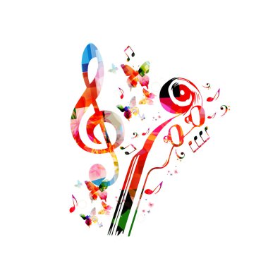 Müzik aletleri ile müzik poster. Renkli piyano klavye, saksafon, trompet, Viyolonsel, kontrbas, gitar ve mikrofon müzik notlar ile vektör illüstrasyon izole