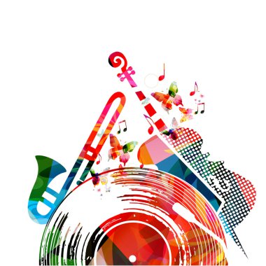 Renkli müzik arka plan poster vinil kaydı, Viyolonsel, trompet ve müzik notları ile. Müzik Festivali Afiş vektör çizim