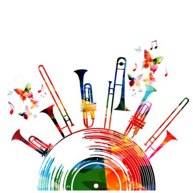 Colorful music background poster with vinyl record, trumpet and music notes. Music festival poster vector illustration clipart