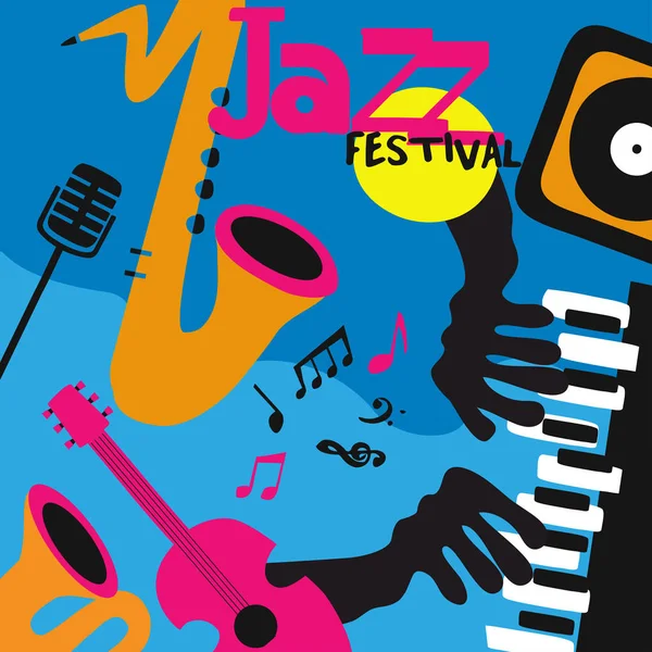 Festival Música Jazz Cartel Colorido Con Instrumentos Música Saxofón Trompeta — Vector de stock