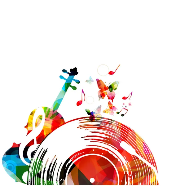彩色音乐背景海报与乙烯基记录 大提琴和音乐笔记 音乐节海报矢量插画 — 图库矢量图片