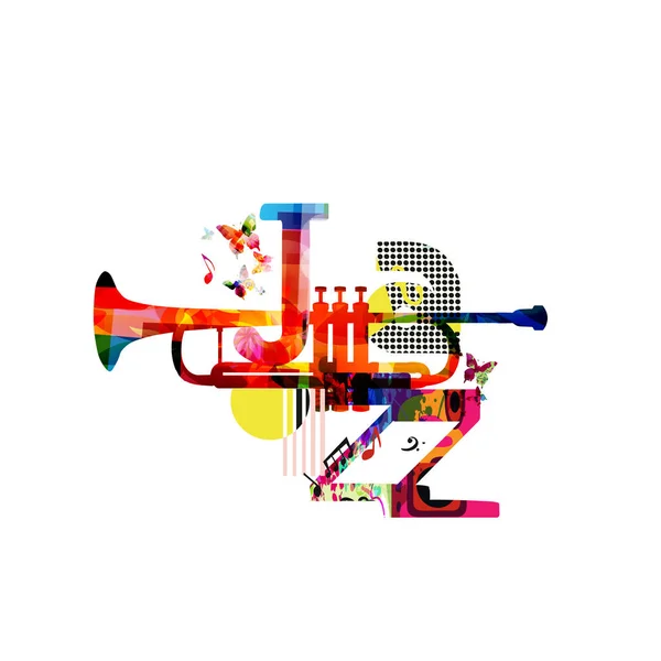 Cartel Jazz Colorido Con Trompeta Notas Mariposas Aisladas Sobre Fondo — Vector de stock