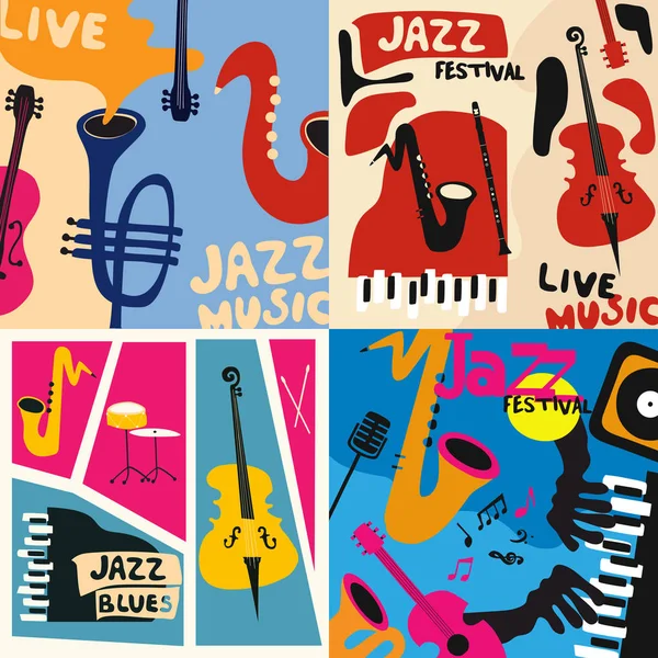 Cartel Música Jazz Colorido Con Diferentes Instrumentos Musicales — Vector de stock