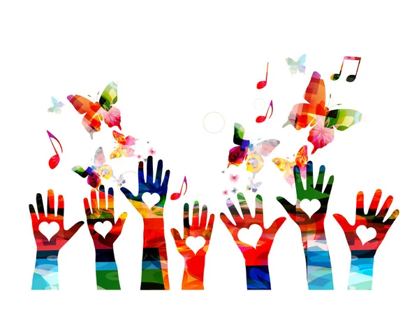 Fundo Colorido Com Mãos Borboletas Notas Música — Vetor de Stock