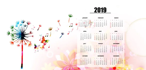 Hudební Tématické 2019 Rok Kalendář Plakát Barevné Pampelišky Poznámky Motýly — Stockový vektor