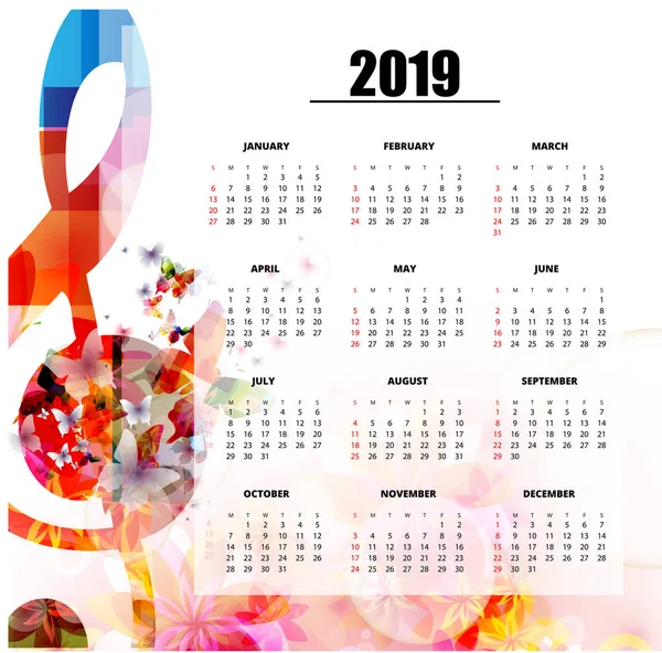 Manifesto Del Calendario Musicale Tema 2019 Con Note Musicali Colorate — Vettoriale Stock