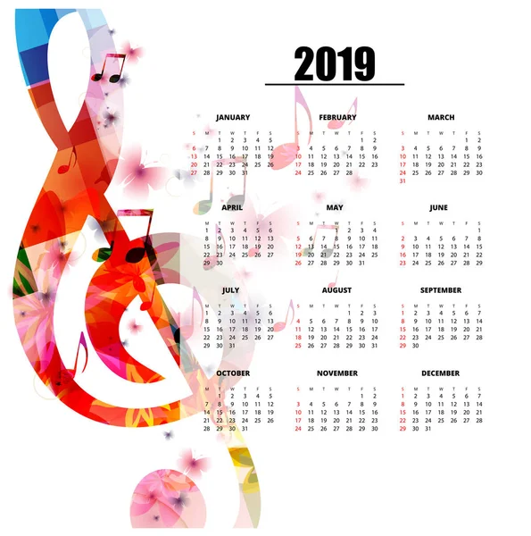 Musical Temática 2019 Año Calendario Cartel Con Coloridas Notas Musicales — Vector de stock