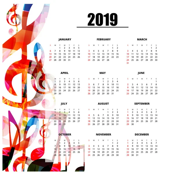 Μουσικές Θεματικές 2019 Έτος Ημερολόγιο Αφίσα Πολύχρωμα Μουσικές Νότες Αντίληψη — Διανυσματικό Αρχείο