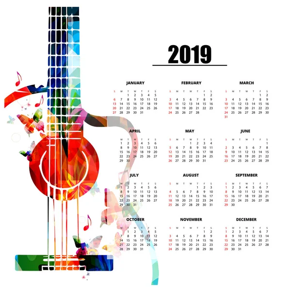 Musical Temática 2019 Año Calendario Cartel Con Colorida Guitarra Concepto — Vector de stock