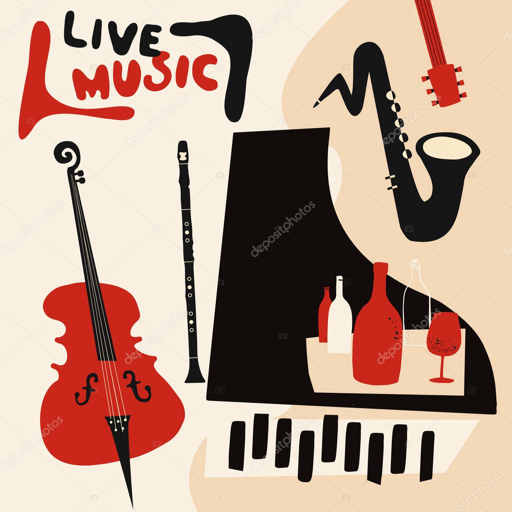 Music and wine colorful background flat vector illustration. Party flyer, jazz music club, wine tasting event, wine festival and celebrations poster design for brochure, invitation card, menu