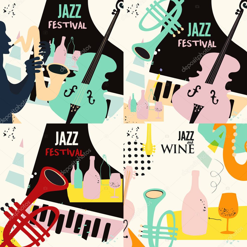 Set of Party flyers, jazz music club, wine tasting event, wine festival and celebrations poster design for brochure, invitation card, menu. colorful background flat vector illustration.