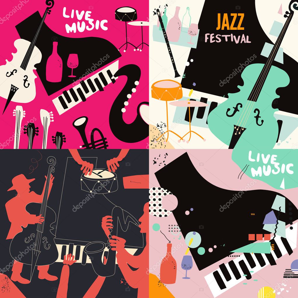Set of Party flyers, jazz music club, wine tasting event, wine festival and celebrations poster design for brochure, invitation card, menu. colorful background flat vector illustration.