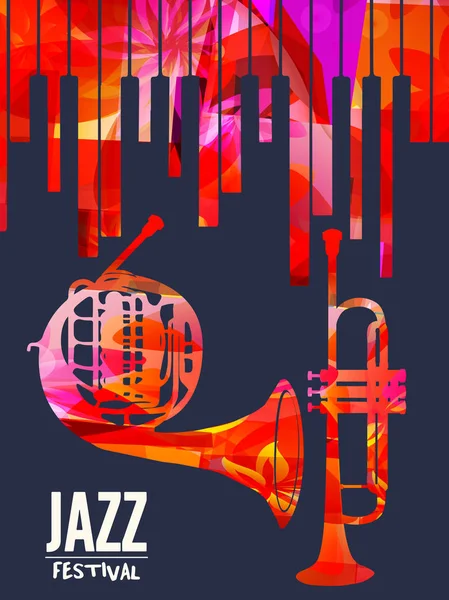 Poster Des Jazzfestivals Mit Klaviertastatur Waldhorn Und Trompeten Vektorillustration Musikuntermalung — Stockvektor