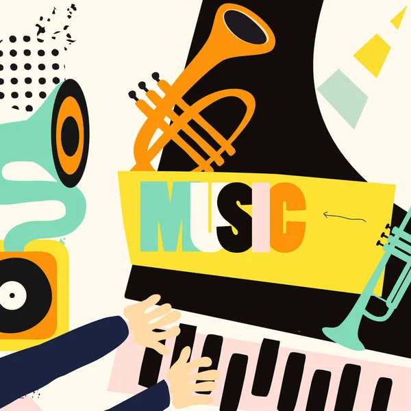Cartaz Festival Música Com Piano Trompete Gramofone Design Ilustração Vetorial — Vetor de Stock