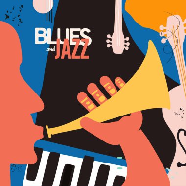 Caz ve blues müzik festivali afiş arka plan üzerinde trompet ve müzik aletleri ile
