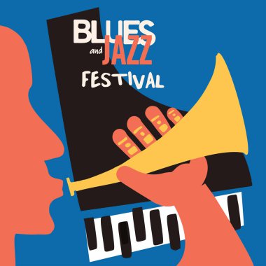 Caz ve blues müzik festivali afiş trompet ve piyano arka plan üzerinde