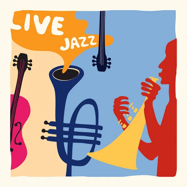 Jazz Muziek Festival Poster Met Trompet Cello Platte Vectorillustratie — Stockvector